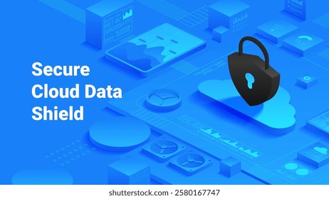 Secure padlock on a cloud icon. Cloud security measures, data encryption and online protection. Ideal for representing cybersecurity and data protection. Isometric vector illustration