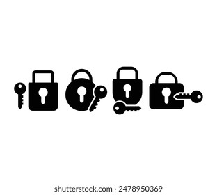 secure padlock open key lock icons symbol vector design simple black white color illustration sets