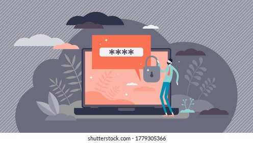 Secure Password As Private Data Protection Lock Code Flat Tiny Persons Concept. Web Browser Security Feature For Safe Authorization With Encryption Software And Privacy Safety Vector Illustration.
