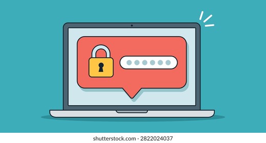 Secure password protection displayed on laptop screen representing cybersecurity authentication login privacy encryption account access and digital information safety vector illustration.