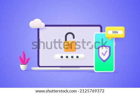 Secure password verification with two-factor authentication. SMS notification with a security code on a smartphone, 2fa, checking the entrance on the site. Vector 3d illustration.