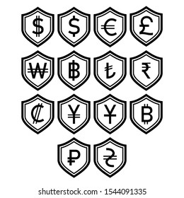 Secure Payment All Currency Collection Shield and Protected Transaction icon design vector symbol logo illustration
