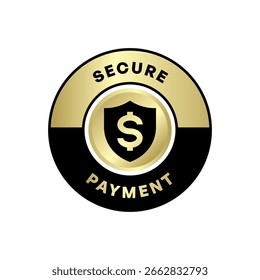 Secure Payment Badge with Gold Dollar Shield Icon on Dark Background Vector Illustration