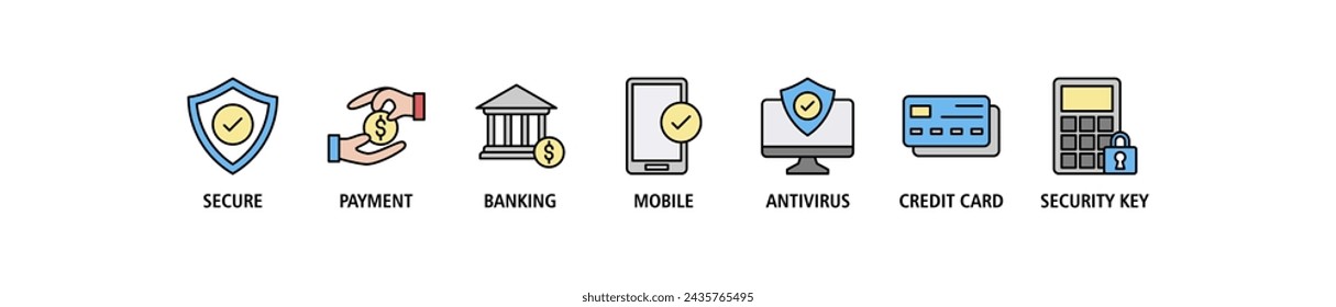 Secure payment banner web icon set vector illustration concept with icon of secure, payment, banking, mobile, antivirus, credit card and security key