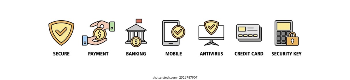 Banner de pagamento seguro ícone da Web definir conceito de ilustração vetorial com ícone de seguro, pagamento, bancário, móvel, antivírus, cartão de crédito e ícones de chave de segurança infográficos símbolo fundo