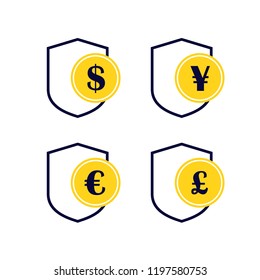 secure payment coin shield dollar yen yuan poundsterling euro logo vector icon set