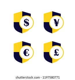 secure payment coin shield dollar yen yuan poundsterling euro logo vector icon set
