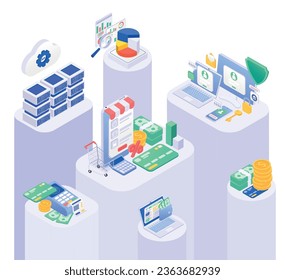 Secure payment composition with set of isometric podiums with icons of money means and payment processing vector illustration