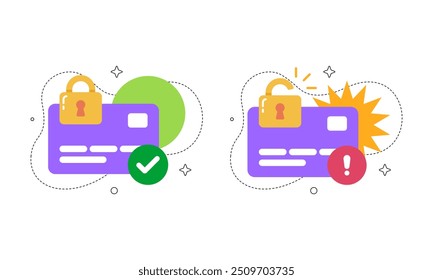 Sicheres Zahlungskonzept, bearbeitbare Stroke-Vektorgrafik der lila Kreditkarte mit Schloss, Entsperren, Scheck und Ausrufezeichen Warnsymbol