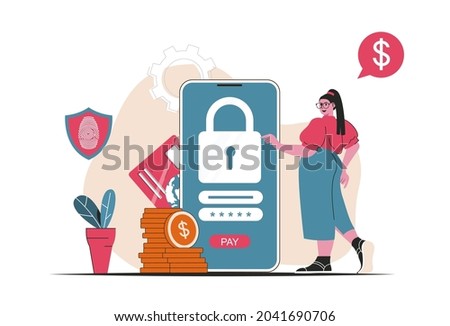 Secure payment concept isolated. Protection of financial transactions in mobile app. People scene in flat cartoon design. Vector illustration for blogging, website, mobile app, promotional materials.