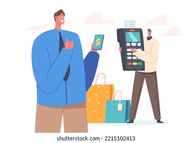 Secure Payment Concept. Men Buyers Hold Smartphone and Huge Pos Terminal for Paying with Credit Card in Supermarket or Online. Purchases in Internet with Mobile Phone. Cartoon Vector Illustration