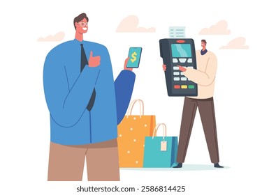 Secure Payment Concept. Men Buyers Hold Smartphone and Huge Pos Terminal for Paying with Card in Supermarket or Online