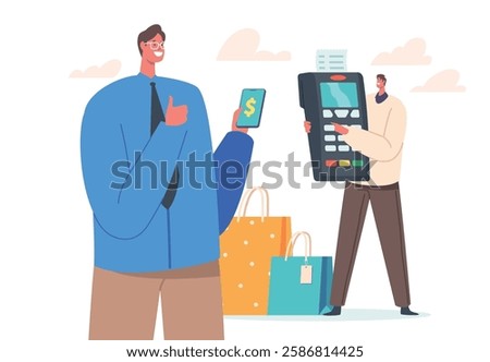 Secure Payment Concept. Men Buyers Hold Smartphone and Huge Pos Terminal for Paying with Card in Supermarket or Online
