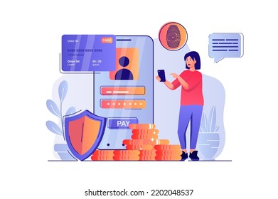 Concepto de pago seguro con la escena de la gente. La mujer accede a la aplicación mediante un escáner de huellas dactilares y contraseña, realiza transacciones financieras. Ilustración vectorial con caracteres de diseño plano para web