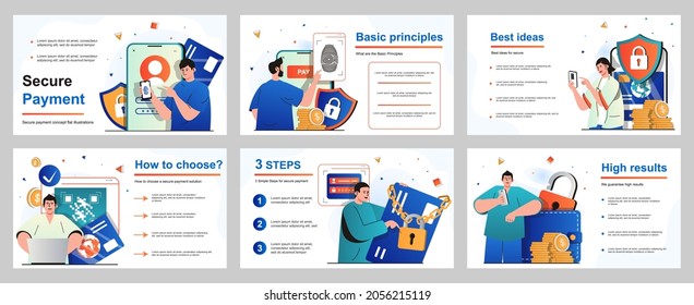 Secure Payment Concept For Presentation Slide Template. People Paying For Goods And Services Online, Data Protection And Security Guarantees, Saving Money. Vector Illustration For Layout Design