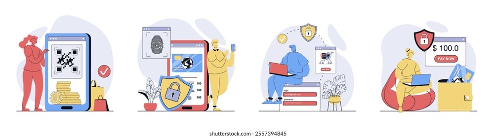 Secure payment concept set in flat design for web. Collection with people ordering with online pay and protection shield service, make safety money transfer in internet store. Vector illustrations.