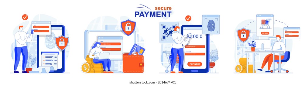 Secure payment concept set. Safe online shopping, protection of transactions. People isolated scenes in flat design. Vector illustration for blogging, website, mobile app, promotional materials.