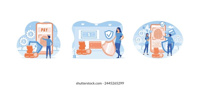 Secure payment concept for web banner design. Woman protecting bank card and banknote with shield. Secure Payment, Online Shopping, electronic payment method. Set flat vector modern illustration