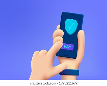 Secure payment design concept. Cartoon 3d hand holding mobile phone with secure payment button.