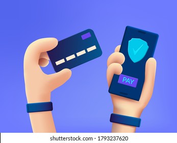 Secure Payment Design Concept. Cartoon 3d Hand Holding Mobile Phone With Secure Payment Button And Hand With Credit Card.