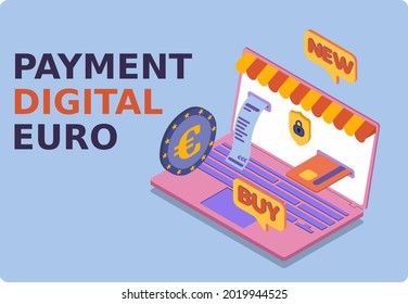 Secure payment and digital euro transfer. Digital euro wallet. Cryptocurrency purchases. Popular flat colors. Isomeric 3D vector illustration.