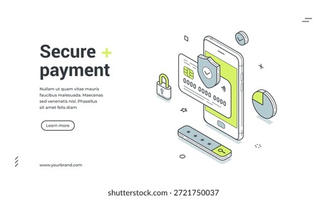 Ilustración vectorial de Plantilla de diseño de Anuncio de Web isométrico de banca móvil de monedero digital de pago seguro. Tarjeta de pago de protección financiera compras en línea tecnología digital inalámbrica Cuenta de usuario segura