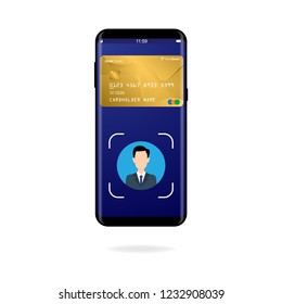 Secure payment with facial recognition and identification on smartphone. Payment app with credit card and facial recognition. Vector illustration