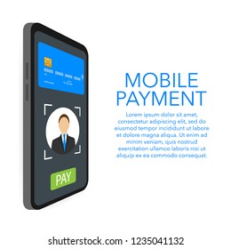 Secure payment with facial recognition and identification on smartphone. Smartphone unlocked with face recognition.  Vector stock illustration.