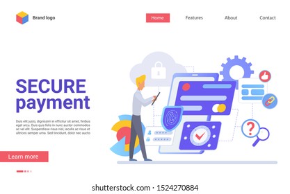 Secure payment flat landing page vector template. Safe financial transactions website layout. Electronic billing system web page cartoon concept. Protected money transfer service webpage interface