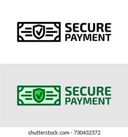 Secure payment icon. Dollar bill with security shield and check symbols.