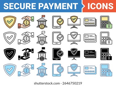 Secure payment icon set with multiple style collection.