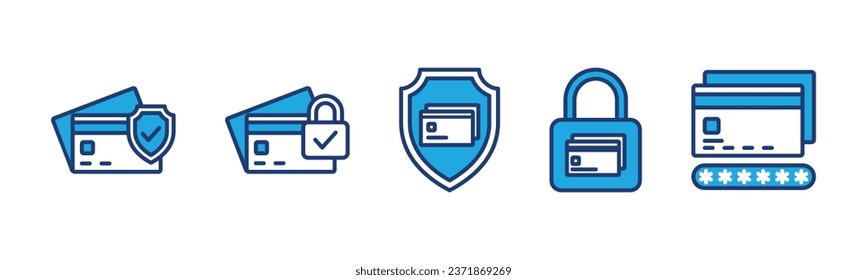 Secure payment icons. Credit card protection and security icon symbol for apps and websites. Shield, padlock, locked, password, banking card. Vector illustration