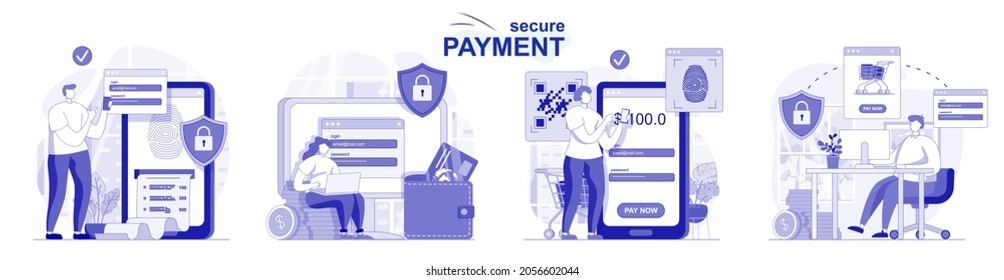 Secure payment isolated set in flat design. People make safe financial transactions, online banking, collection of scenes. Vector illustration for blogging, website, mobile app, promotional materials.