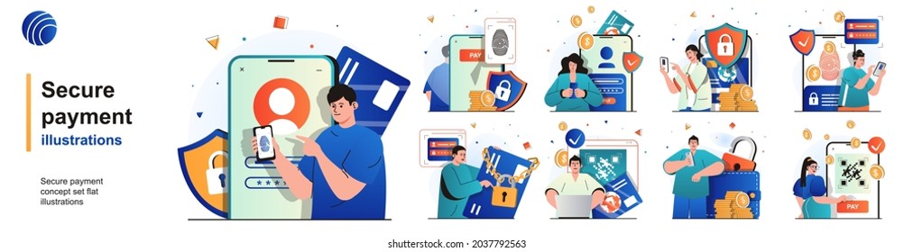 Secure payment isolated set. Protection of financial transactions and banking. People collection of scenes in flat design. Vector illustration for blogging, website, mobile app, promotional materials.