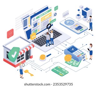 Composición isométrica de pago segura con caracteres humanos de los artilugios de los trabajadores bancarios con dinero y tarjetas de crédito ilustración vectorial