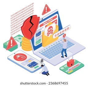 Secure payment isometric composition with icons of cracked shield warning signs with money computer and smartphone vector illustration