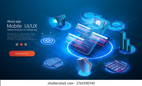 Secure payment isometric concept. Blue Internet banking. Isometric mobile phone banner. Futuristic technology design.  Digital marketing. Cashless society, security transaction via credit card. 