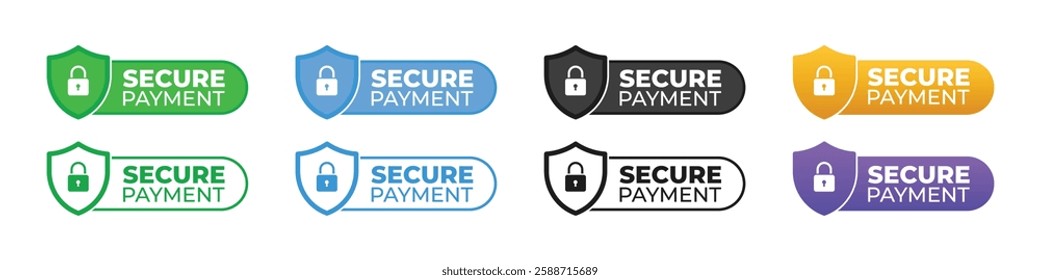Secure Payment Label, Badge, Sticker, Stamp, Imprint, Seal Template with shield with lock icon on isolated white background suitable for security of transaction or transfer. Vector Illustration.