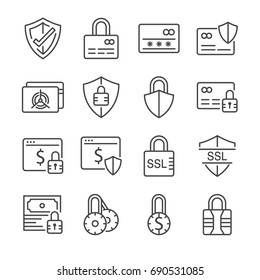 Secure Payment Line Icon Set. Included The Icons As Credit Cad, Safe, Protection, Ssl, Encryption And More.