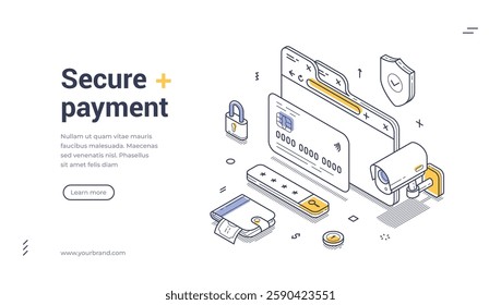 Secure payment methods web banner template. It includes visual elements like credit cards, locks, and security cameras, promoting online safety. Vector illustration