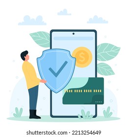 Secure payment in mobile app vector illustration. Cartoon tiny man holding safety shield with checkmark to protect access to bank account, money transaction against crime fraud, standing near phone