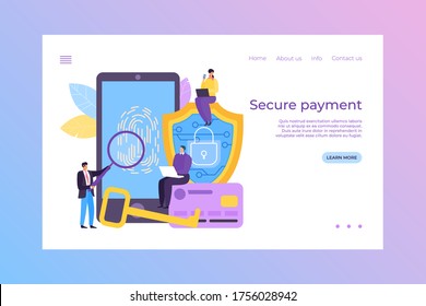 Secure payment in mobile bank, landing vector illustration. Safety data in application, pay by fingerprint technology. Digital security protection. People character near large smartphone, web page.