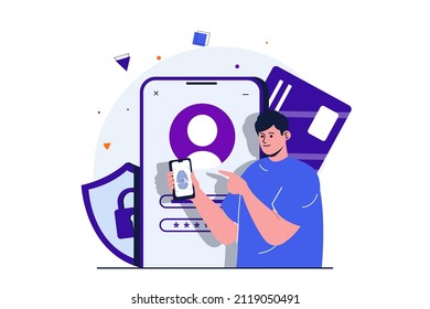 Secure payment modern flat concept for web banner design. Man logs into online bank account using password and verifying person with fingerprint in app. Vector illustration with isolated people scene