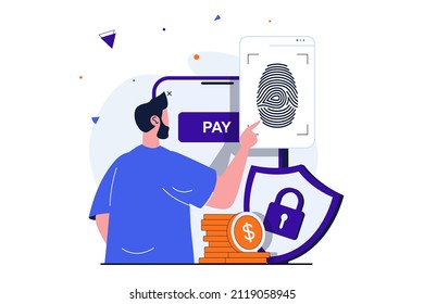 Secure payment modern flat concept for web banner design. Man makes online payment confirming his identity with fingerprint. Protection of transactions. Vector illustration with isolated people scene