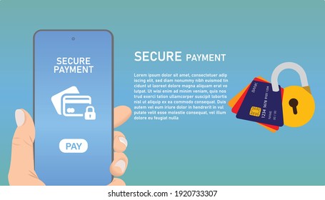 Secure payment on application and website concept, digital payment online, bank card with lock on smartphone screen.