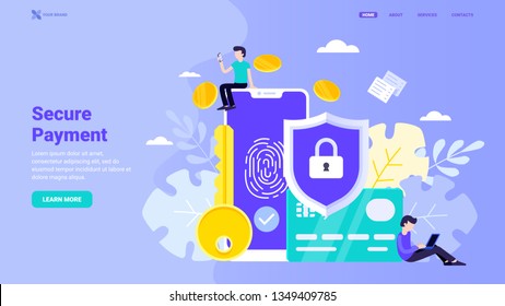 Secure Payment, Personal Information Security, Account Protection Design Concept For Landing Page. Flat Vector Illustration With Tiny Characters For Landing Page, Website, Banner, Hero Image 