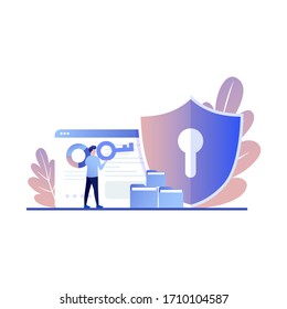 Secure payment, personal information security, account protection design concept for landing page. Flat vector illustration with tiny characters for landing page, website, banner, hero image