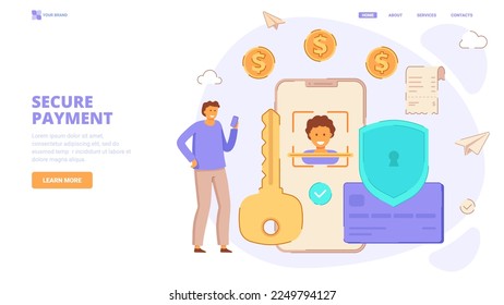 Secure payment, personal information security, account protection design concept for landing page. Flat vector illustration with tiny characters for landing page, website, banner, hero image