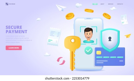 Secure payment, personal information security, account protection design concept for landing page. 3d vector illustration with tiny characters for landing page, website, banner, hero image