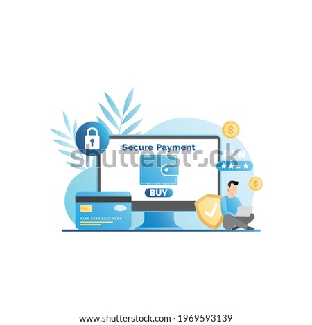 Secure payment with PIN, password, credit or debit card internet login. Data protection. Man and monitor screen, laptop, an online wallet with money, coins under protection, lock, shield.